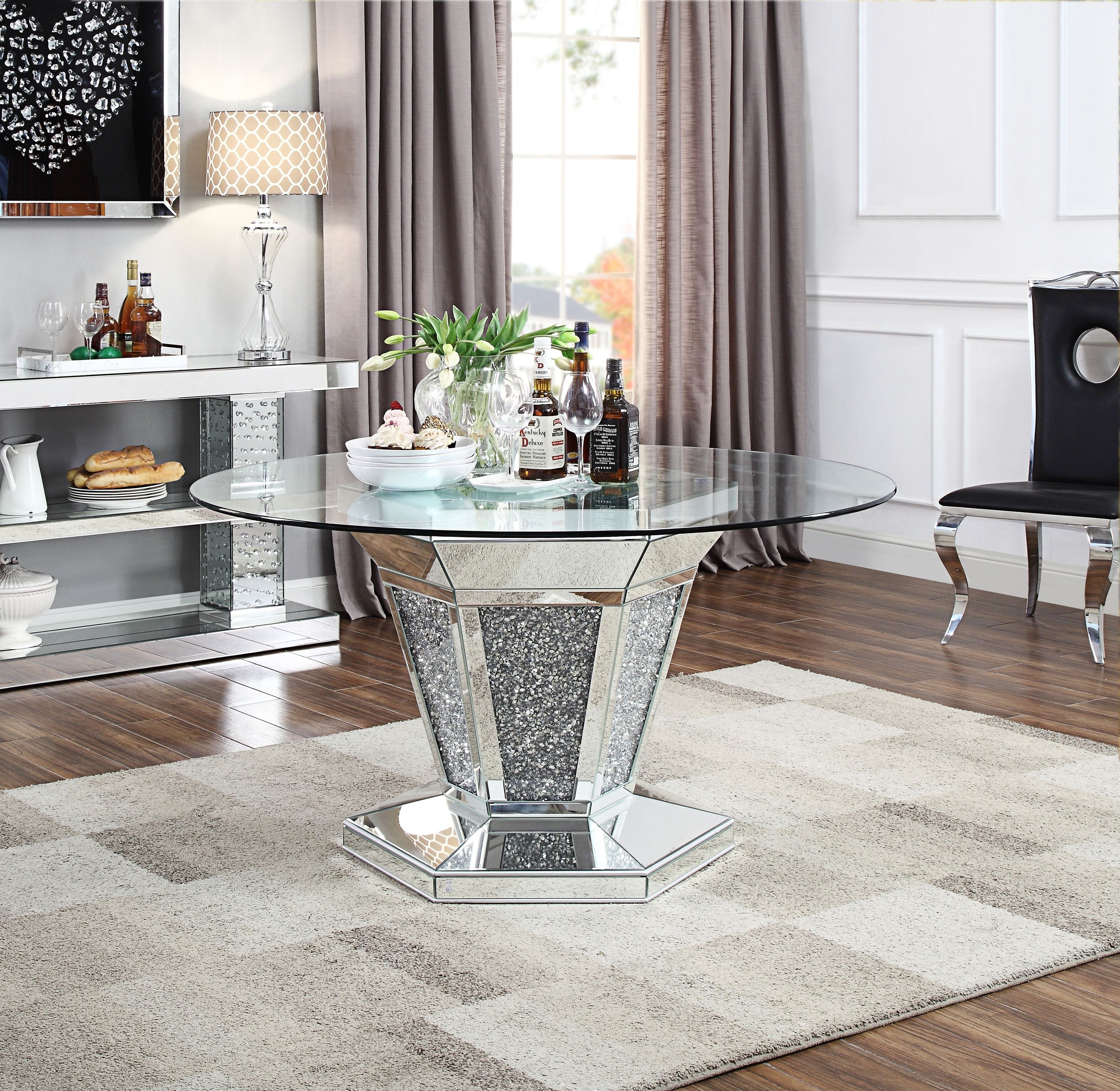 Dining room round tempered glass top with crushed diamond dining table for dining room