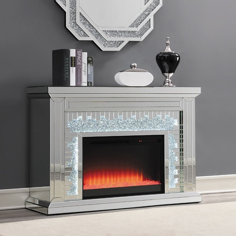 2022 Newest living room furniture silver crushed diamond electric with LED mirrored fireplace