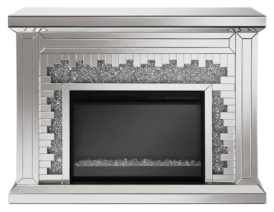 2022 Newest living room furniture silver crushed diamond electric with LED mirrored fireplace