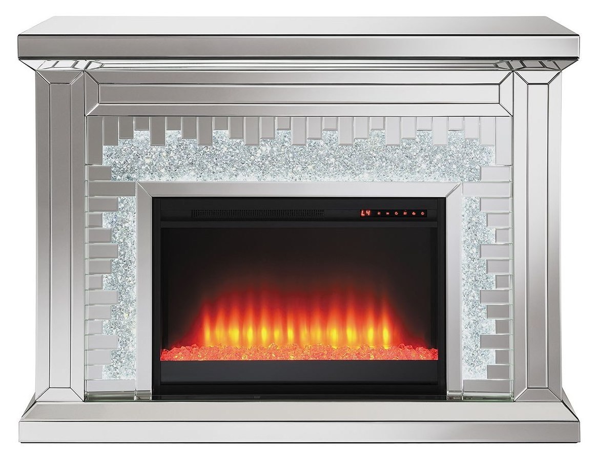 2022 Newest living room furniture silver crushed diamond electric with LED mirrored fireplace