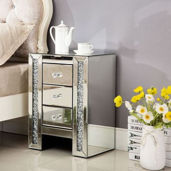 2021Top Seller Crushed Diamond Mirrored Nightstand  3 drawer chest bedside table  night stand