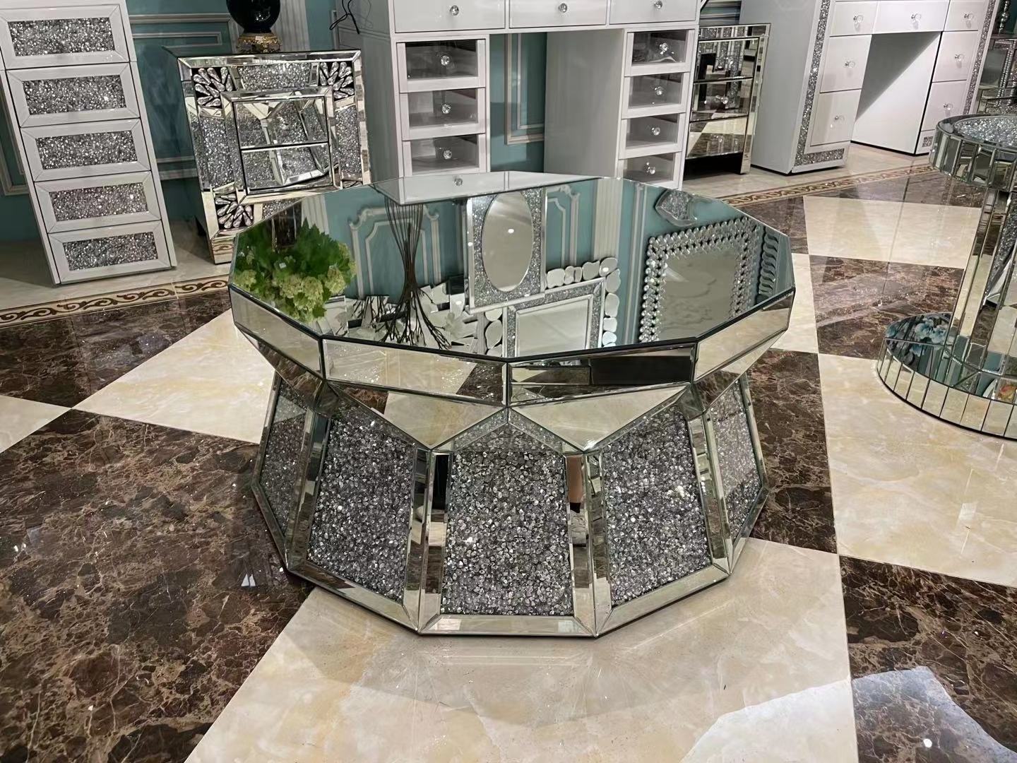 Living room furniture sparkle diamond crushed rectangular modern mirrored center coffee table