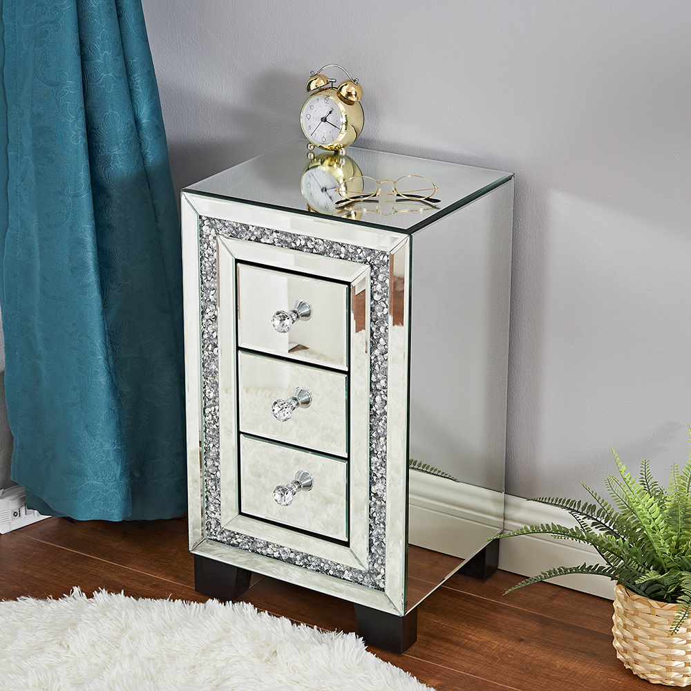 2021Top Seller Crushed Diamond Mirrored Nightstand  3 drawer chest bedside table  night stand