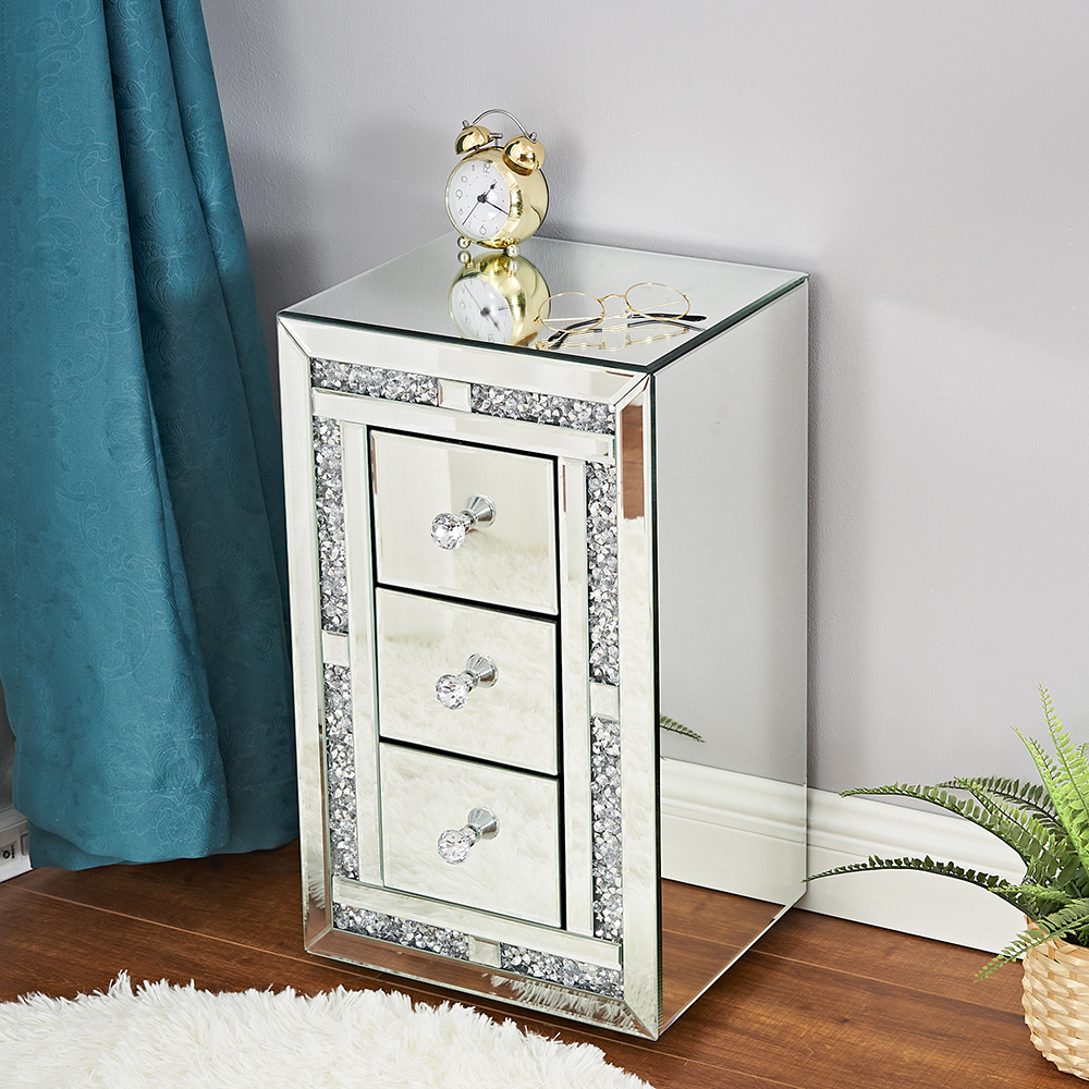 2021Top Seller Crushed Diamond Mirrored Nightstand  3 drawer chest bedside table  night stand