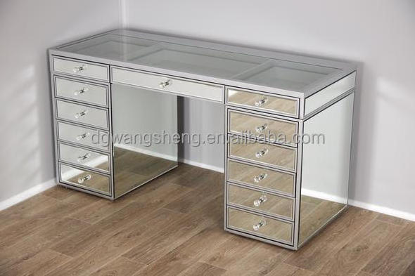 bedroom crushed diamond beauty station mirrored dressing table with clear glass top