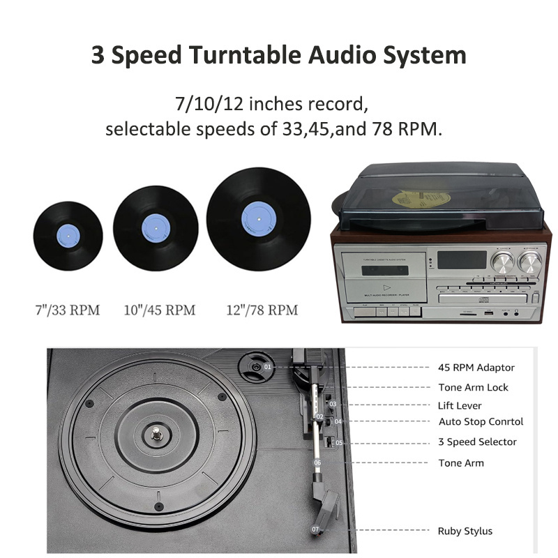 Vinyl Record Player with Powerful External Bookshelf Speakers, 3-speed Belt-Driven Turntable with Cartridge Support Headphone/US