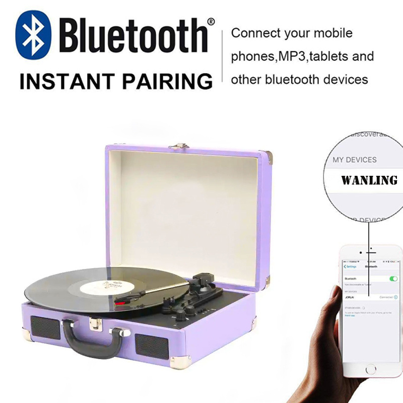 Portable suitcase Turntable player with Bluetooth input function and belt driver vinyl record player with ceramic cartridge