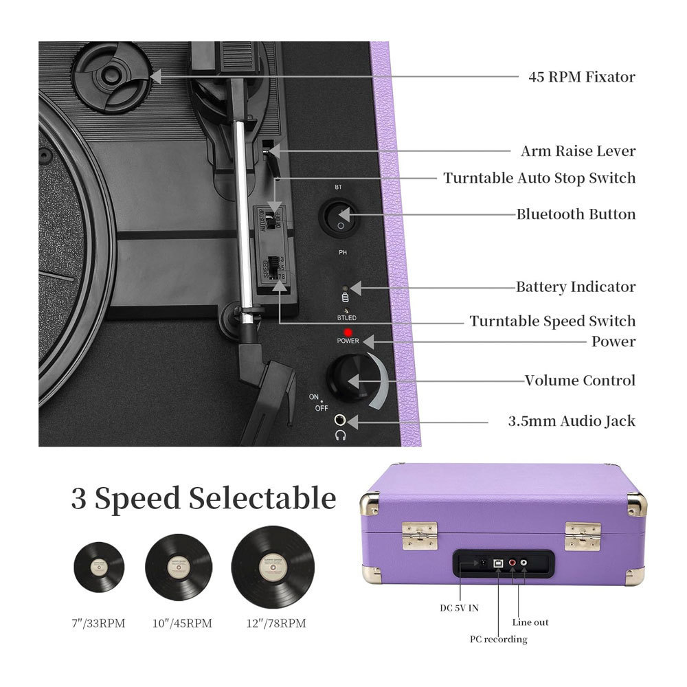 Portable suitcase Turntable player with Bluetooth input function and belt driver vinyl record player with ceramic cartridge