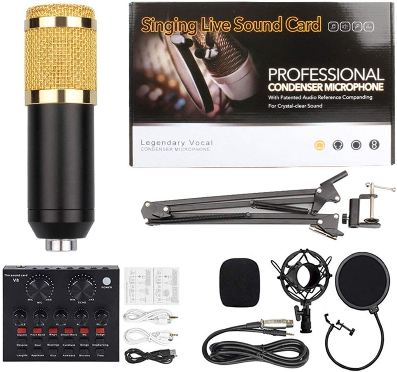 Condenser Microphone Bundle, BM-800 Mic Kit with Live Sound Card, Adjustable Mic Microphone