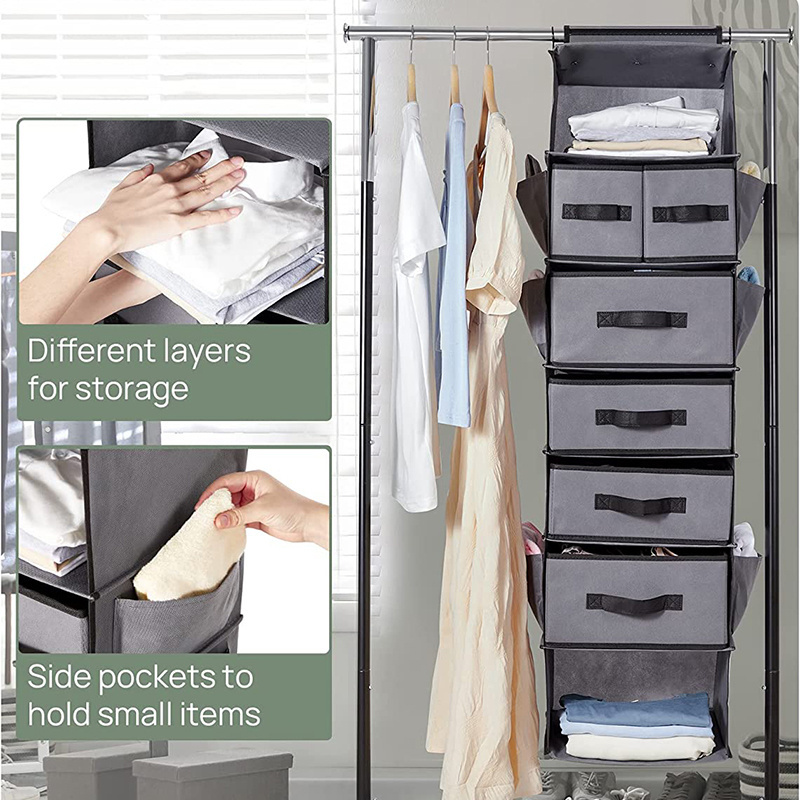 Collapsible 6-Shelf Hanging Closet Organizer with Drawers Hanging Shelves for Closet with 2 Drawers and 4 Lattice