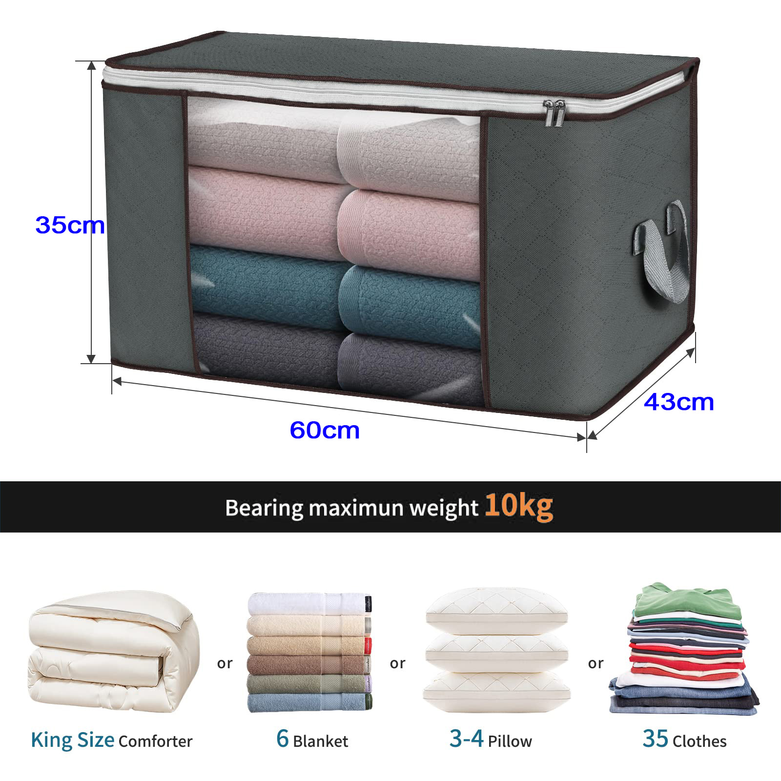 90L Large Storage Bags 6 Pack Clothes Storage Bins Foldable Closet Organizer Containers Non Woven Collapsible Storage Box