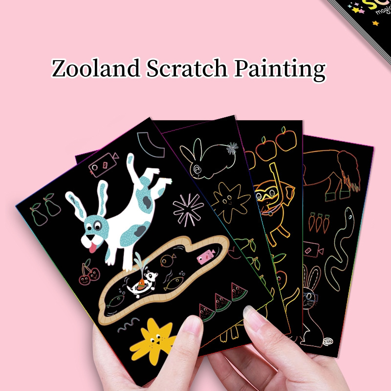 Black Zooland Scratch Art Paper Set Kids' Art Craft Kit with Wooden Stylus Rainbow Magic Scratch off Paper Sheets