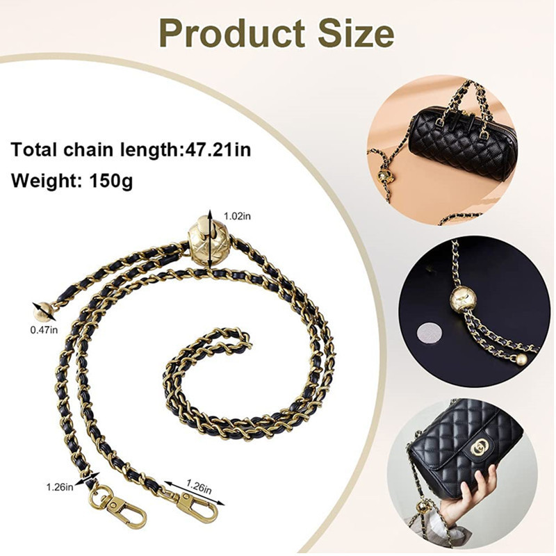 hot sale Synthetic Leather Wide 7.3mm Thin Purse Comfortable Flat Metal Chain Strap Adjustable,Black Leather Gold Hardware