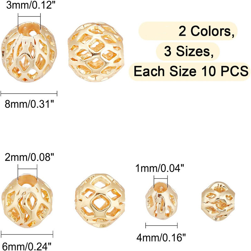 wholesale 60pcs Round 3 Sizes Hollow Brass Metal Spacer Beads,for DIY Crafts Bracelets Necklaces Earrings Jewelry Making