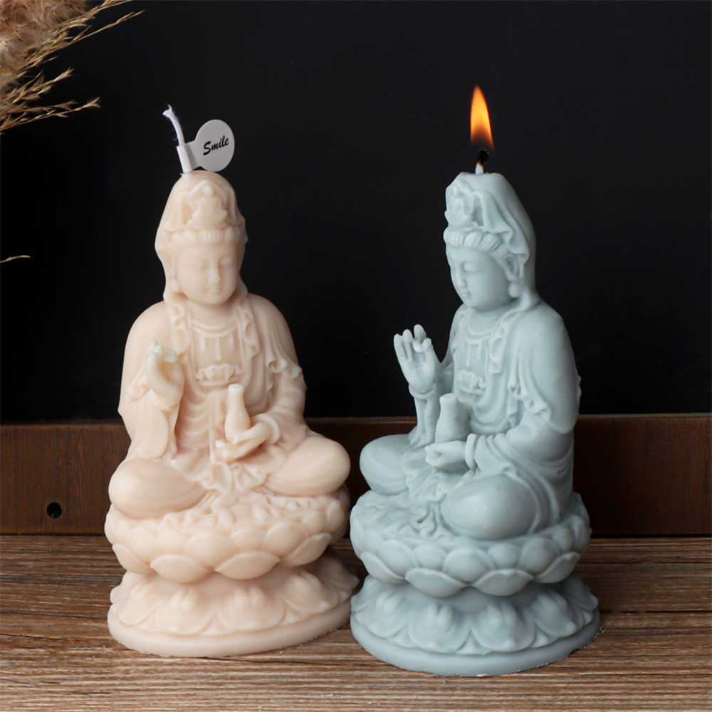 Religion Luxury Concrete Ornament Lotus Sitting Meditating Guanyin Buddha Candle Mold Nanhai Bodhisattva Figurine Silicone Mold