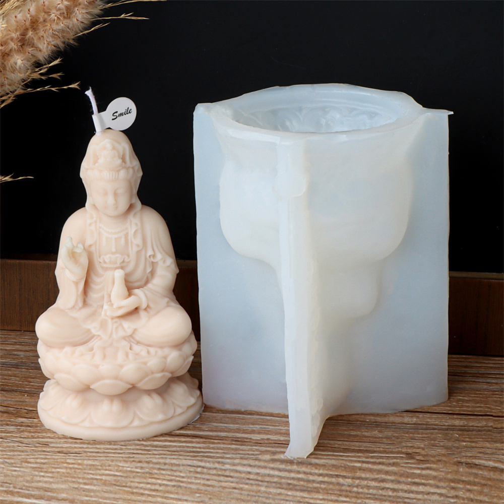 Religion Luxury Concrete Ornament Lotus Sitting Meditating Guanyin Buddha Candle Mold Nanhai Bodhisattva Figurine Silicone Mold