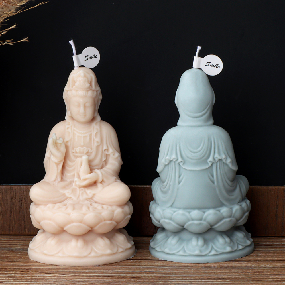 Religion Luxury Concrete Ornament Lotus Sitting Meditating Guanyin Buddha Candle Mold Nanhai Bodhisattva Figurine Silicone Mold