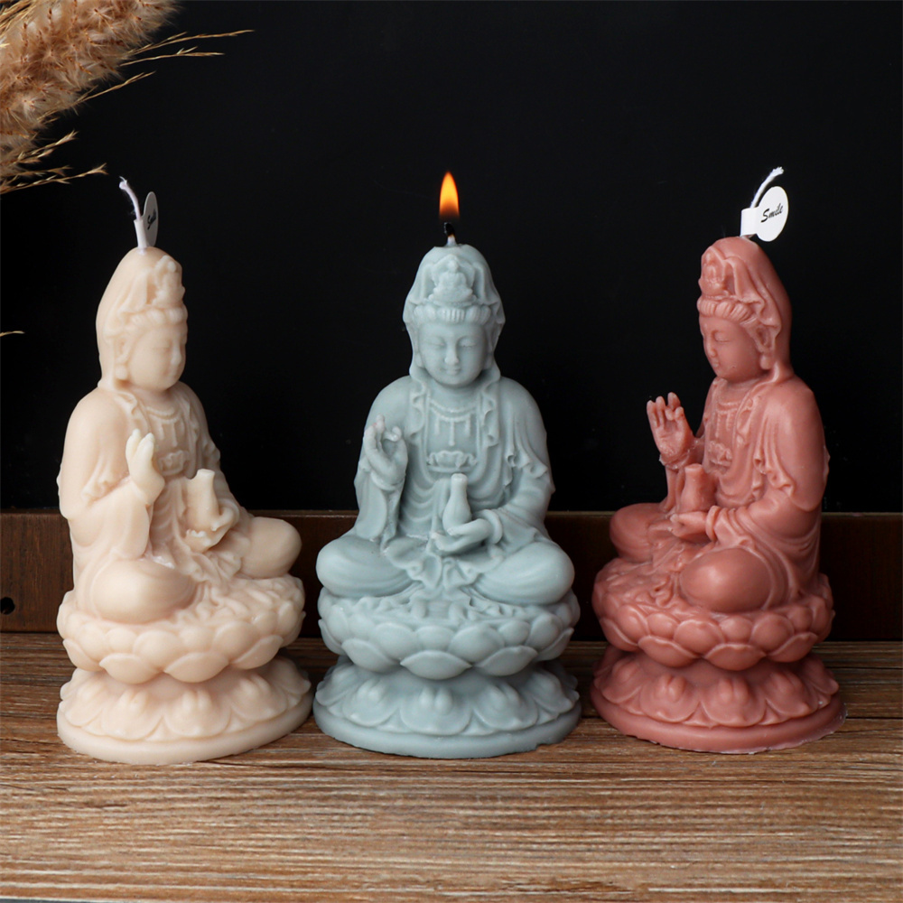 Religion Luxury Concrete Ornament Lotus Sitting Meditating Guanyin Buddha Candle Mold Nanhai Bodhisattva Figurine Silicone Mold