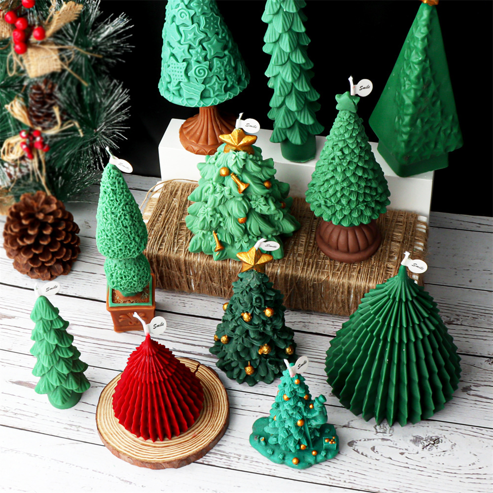 Swirl Christmas Tree Candle Molds for Candle Making Festival Gift Pine Cone Resin Mould Silicone Xmas Elk Bell Soy Soap Tool