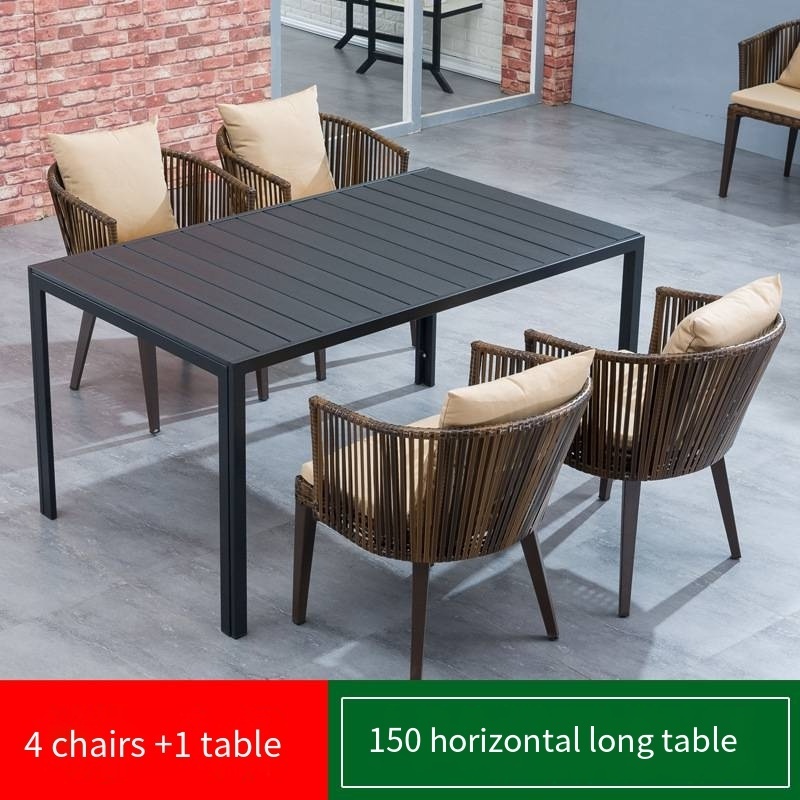 All Weather Patio Garden Wicker Rattan Brushed Aluminum Table And Chairs Garden Restaurant Dining Set