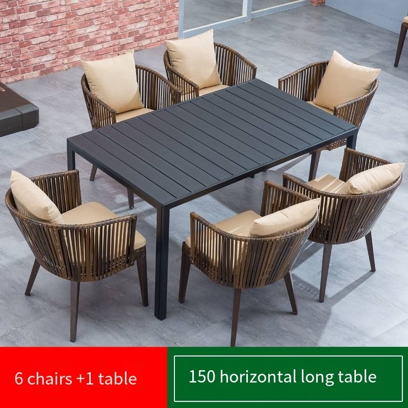 All Weather Patio Garden Wicker Rattan Brushed Aluminum Table And Chairs Garden Restaurant Dining Set