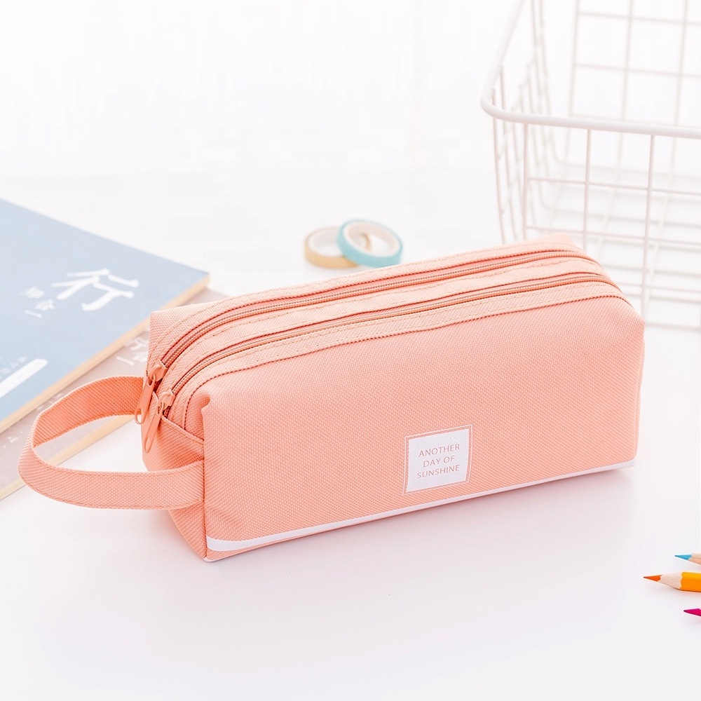 Creative  Large Capacity Pupil Pencil Case With Handle Portable Pen Bag Oxford cloth Double Layers Zipper Stationery Bag