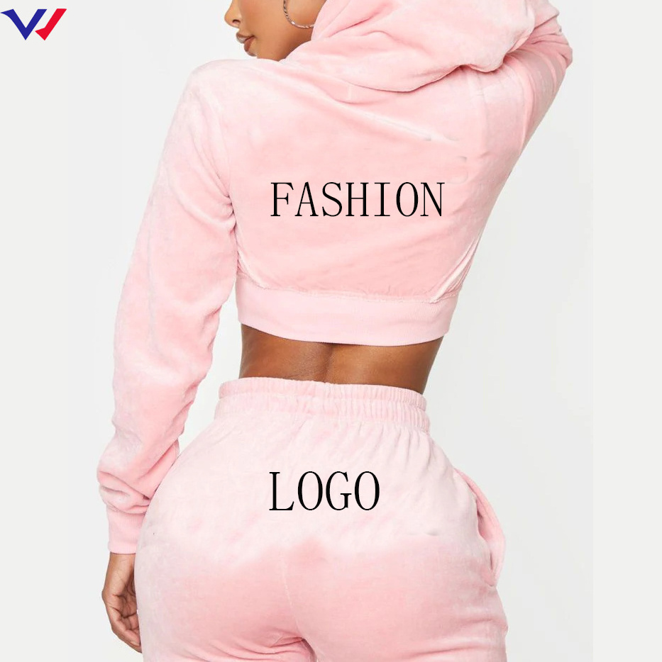 Custom cropped Velvet Velour Tracksuit Two Piece Zip Up Hoodie and Jogger Sweatsuit Sets Women