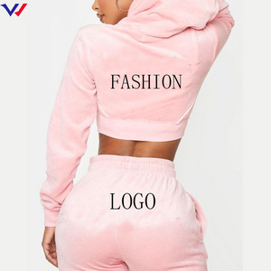 Custom cropped Velvet Velour Tracksuit Two Piece Zip Up Hoodie and Jogger Sweatsuit Sets Women