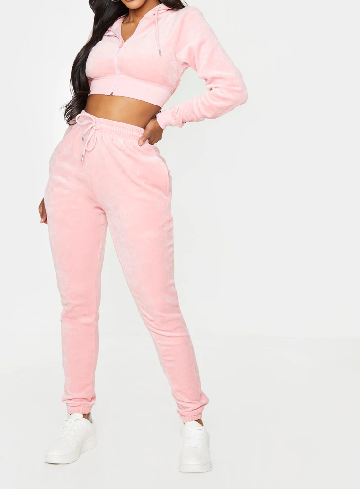 Custom cropped Velvet Velour Tracksuit Two Piece Zip Up Hoodie and Jogger Sweatsuit Sets Women