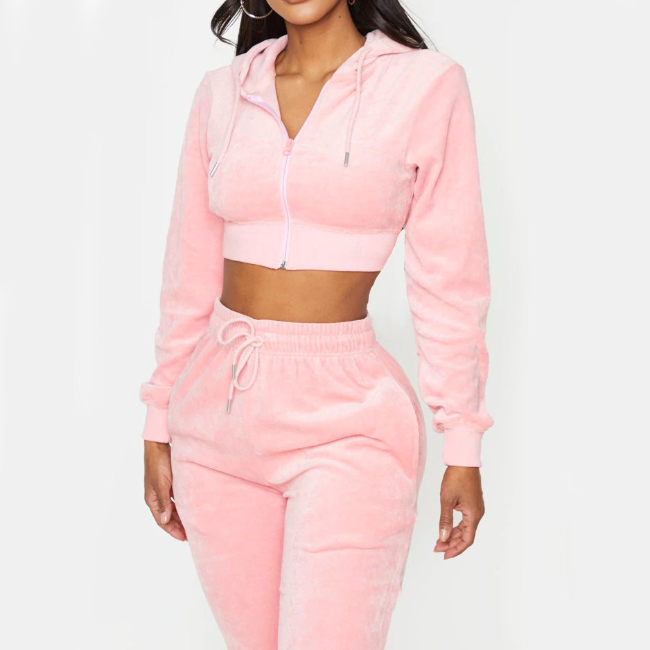 Custom cropped Velvet Velour Tracksuit Two Piece Zip Up Hoodie and Jogger Sweatsuit Sets Women