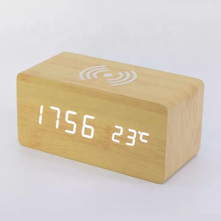 Digital desk clock wooden Qi wireless charging modern smart led light digital temperature calendar table alarm clock charger