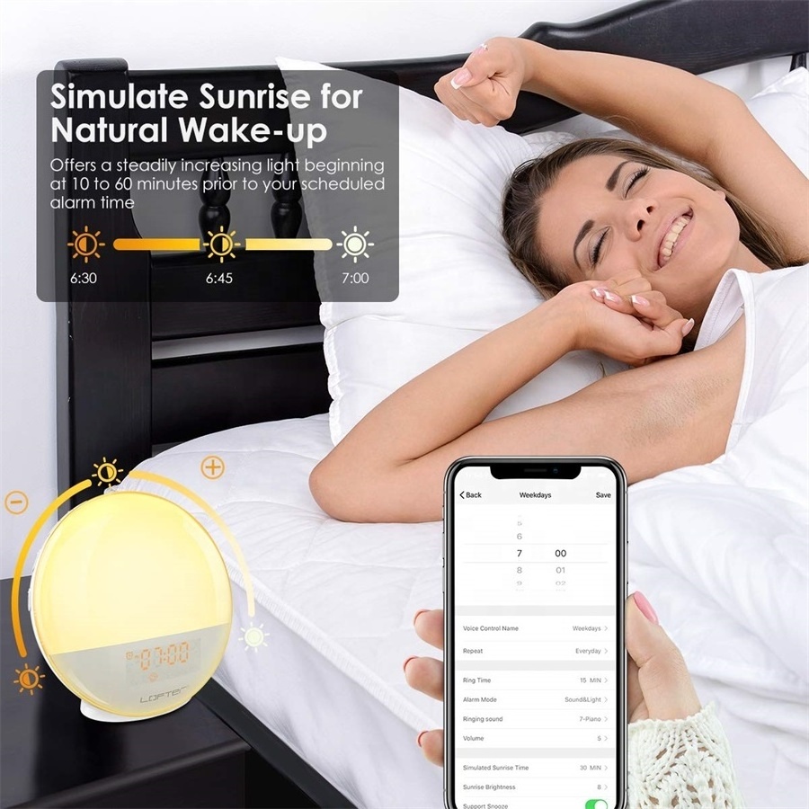 Smart Wake up Light Sleep Aid Digital Alarm Clock Wifi Voice APP Control With Sunrise Sunset Simulation FM Radio Colorful Lamp