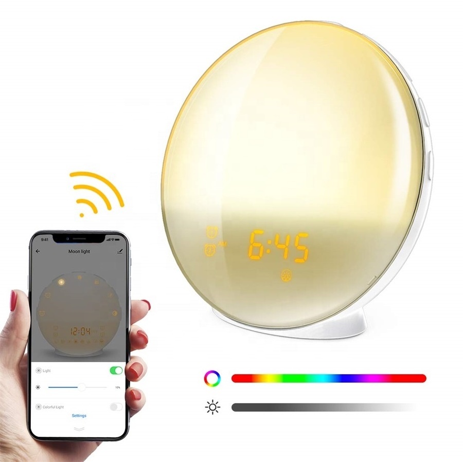 Smart Wake up Light Sleep Aid Digital Alarm Clock Wifi Voice APP Control With Sunrise Sunset Simulation FM Radio Colorful Lamp