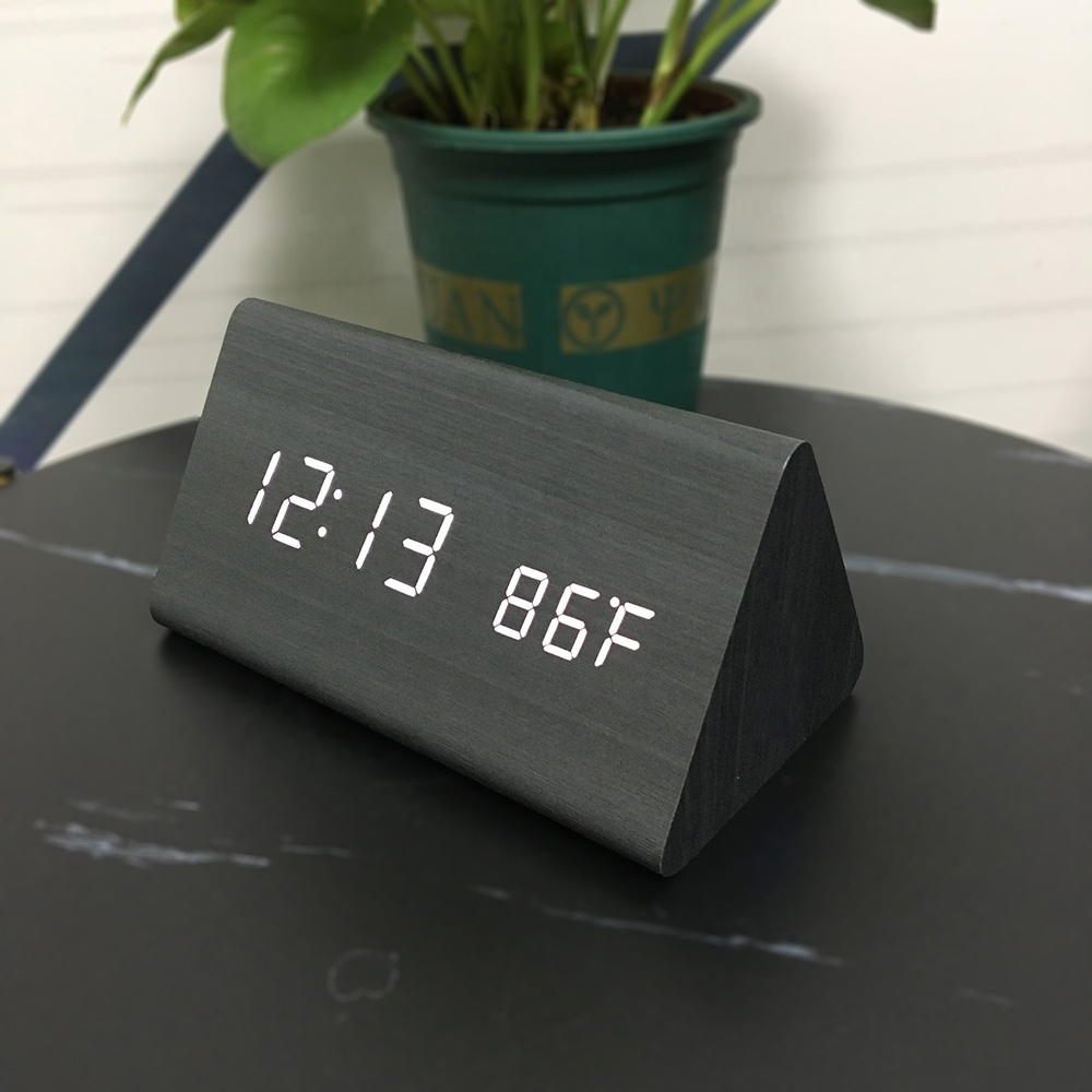 Triangle Bamboo wooden alarm clock watch LED Digital wood Thermometer Sound Voice control Desk table despertador reloj bambu