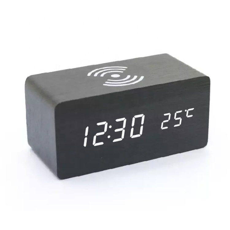 Digital desk clock wooden Qi wireless charging modern smart led light digital temperature calendar table alarm clock charger