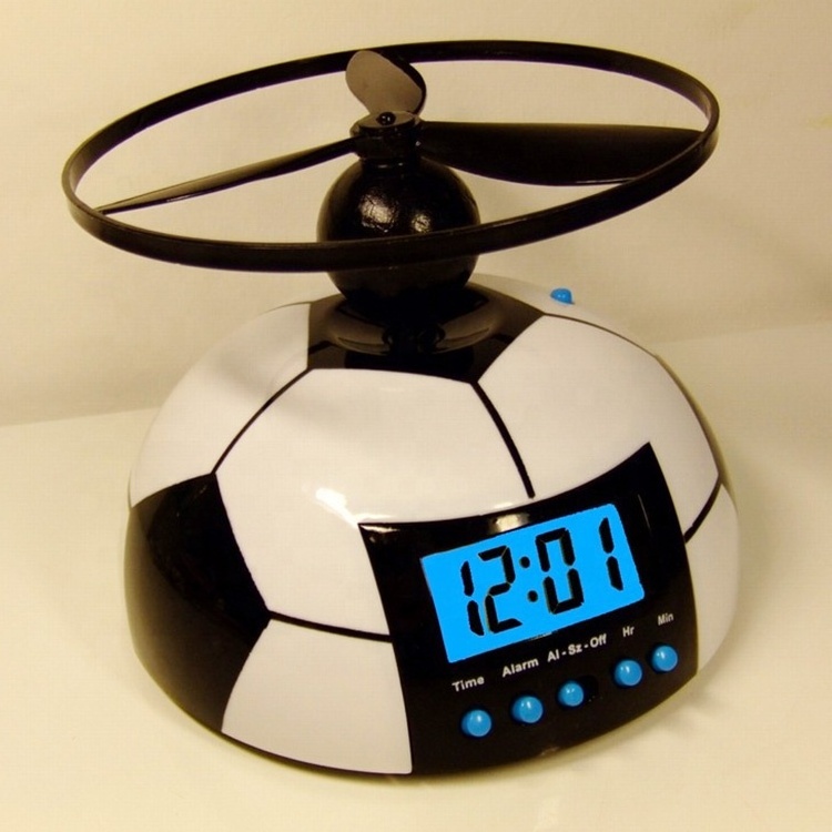 Desk table digital alarm clock promotional gifts globular football with flying fly saucer novelty creative flying clock for kids