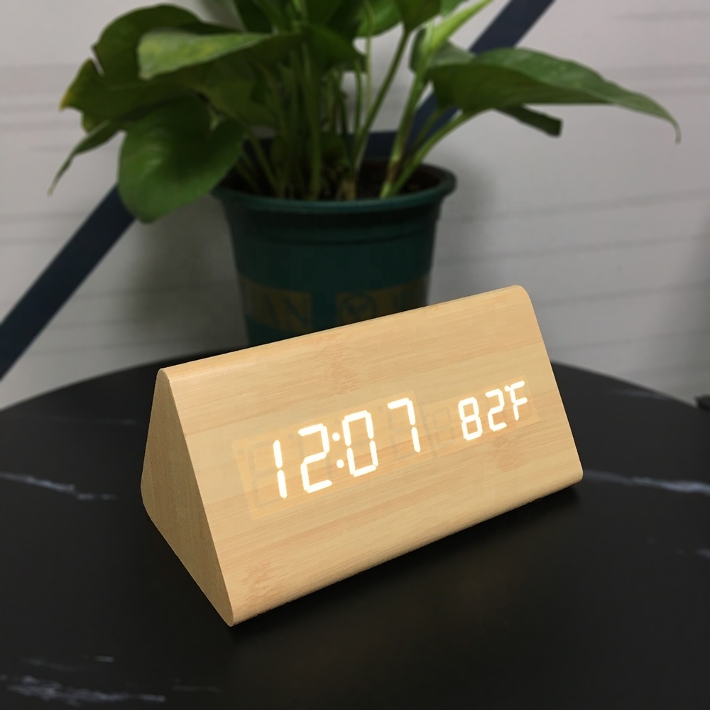 Triangle Bamboo wooden alarm clock watch LED Digital wood Thermometer Sound Voice control Desk table despertador reloj bambu