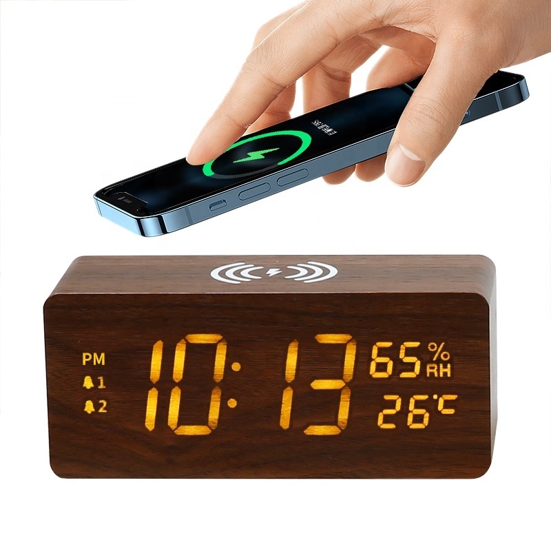 Hotsale Wooden Alarm Clock Fast Qi Phone Wireless Charger Display Humidity Date Digital Wooden Alarm Clock And Phone Charger