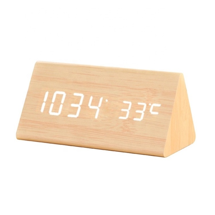 Triangle Bamboo wooden alarm clock watch LED Digital wood Thermometer Sound Voice control Desk table despertador reloj bambu