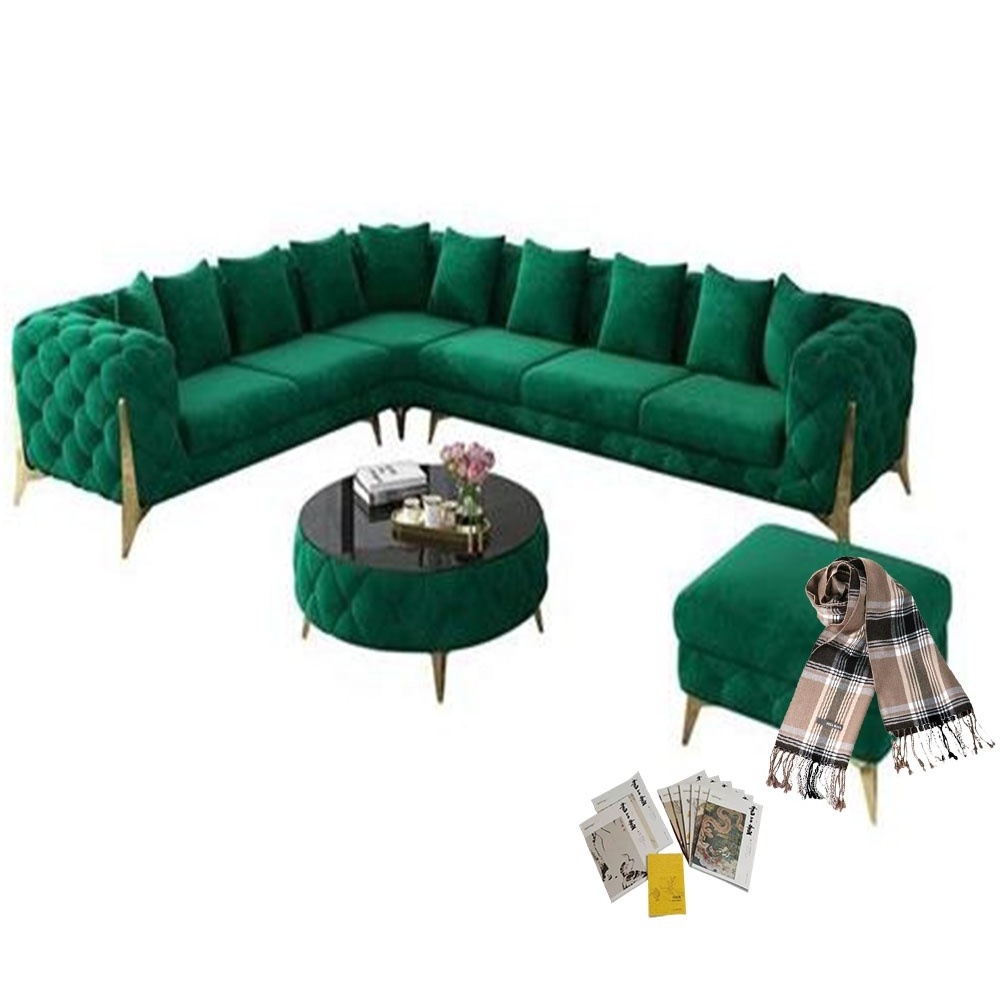 Winforce Wholesale Luxury Traditional Green L Shape Chesterfield Sofa Set Furniture Living Room Golden Legs Velvet Corner Sofa