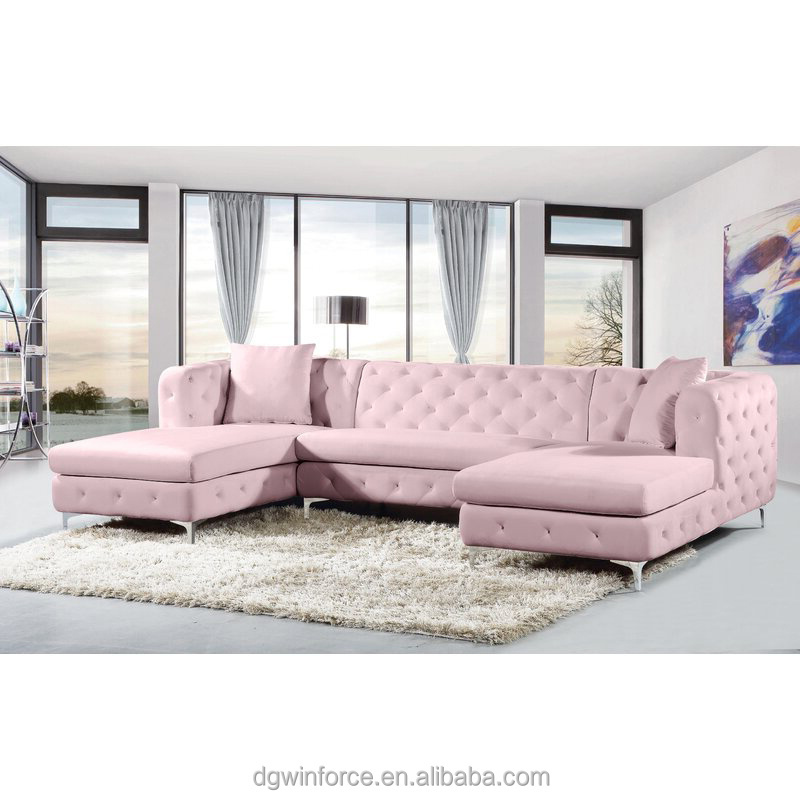 Winforce Trendy Living Room Furniture Sofa Custom Coffee Office Hotel Armrests Metal Foot Recliner U-Shaped Pink Velvet Sofa