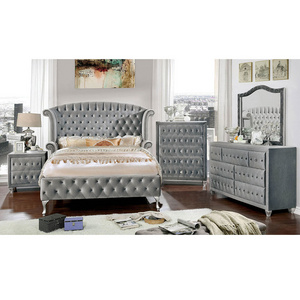 Factory Wholesale Velvet Fabric Grey Wooden Bed Set President Suit With Crystal Buttons Queen King Size Double Bed