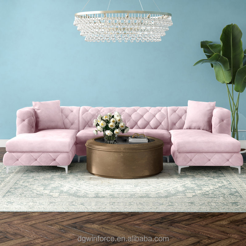 Winforce Trendy Living Room Furniture Sofa Custom Coffee Office Hotel Armrests Metal Foot Recliner U-Shaped Pink Velvet Sofa