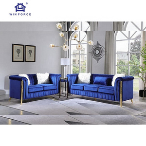 Navy Blue Velvet Convertible Italian Metal leg 3Seater Luxury Modern Turkey Sofas Furniture Living Room Chesterfield Sofa Set