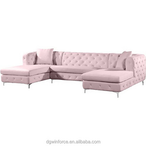 Winforce Trendy Living Room Furniture Sofa Custom Coffee Office Hotel Armrests Metal Foot Recliner U-Shaped Pink Velvet Sofa