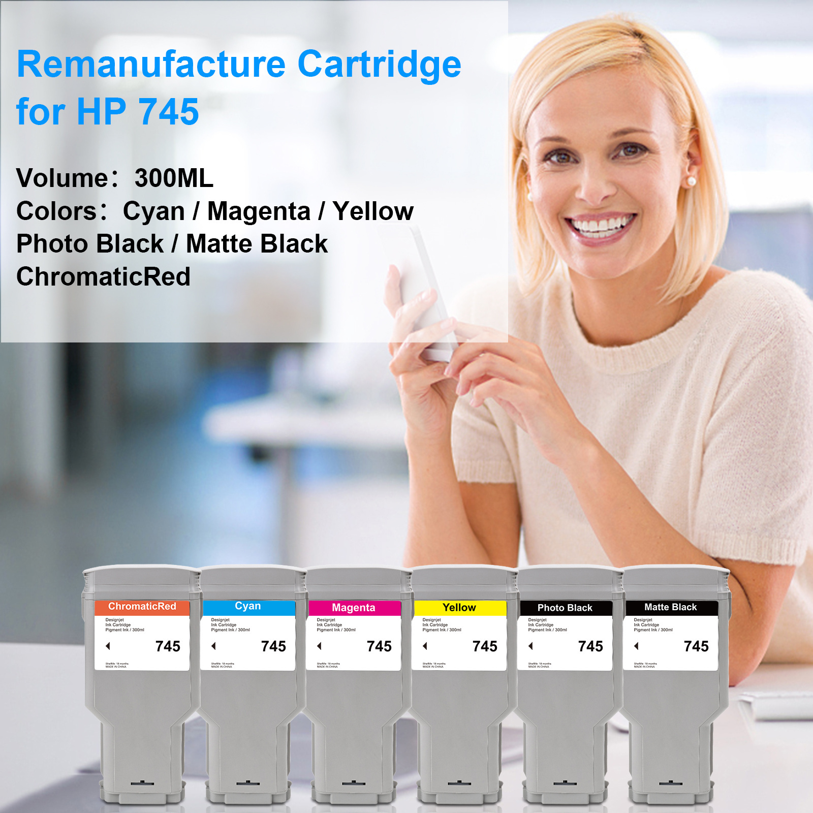 300ML 6 Colors Remanufactured Ink Cartridge 745 Compatible For HP DesignJet Z2600 Z5600 Printers With Chip