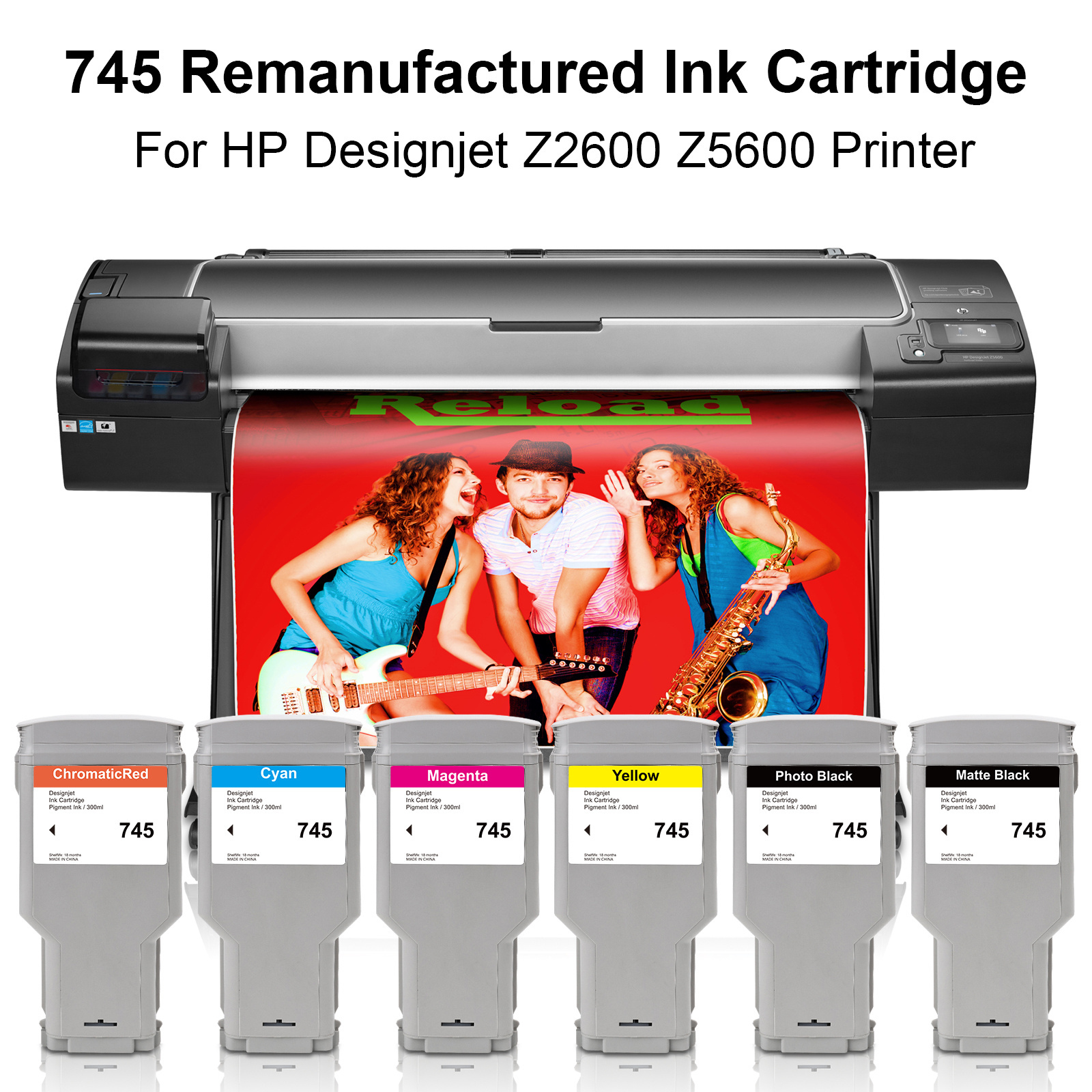 300ML 6 Colors Remanufactured Ink Cartridge 745 Compatible For HP DesignJet Z2600 Z5600 Printers With Chip