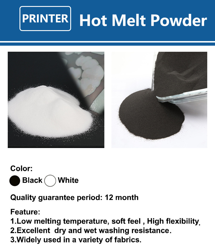 DTF Printer Powder Suppliers 500g 1000g Stretch White DTF Hot Melt Glue Powder Adhesive for Heat Transfer Shaker Machine 60cm