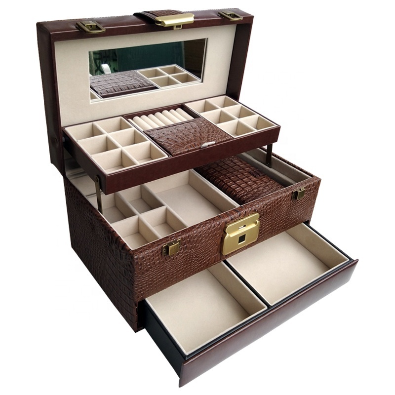 Luxury PU crocodile leather jewelry box locked jewelry storage boxes with handle