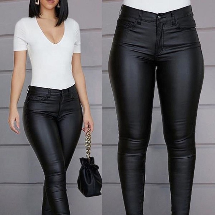 Black Tight PU Leather Strech Pants Set Women Girls PU Pants